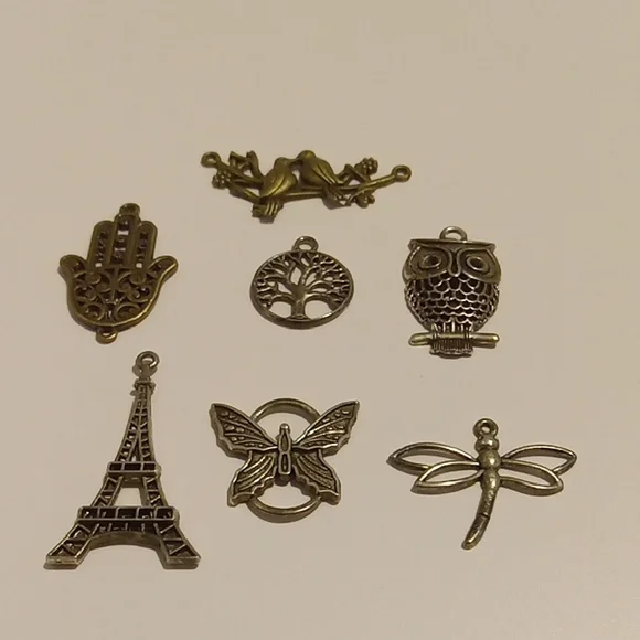 Bronze/SilverTone Charm Set Hand, Tree, Owl, Eiffel Tower, Butterfly, Dragonfly - Picture 1 of 1